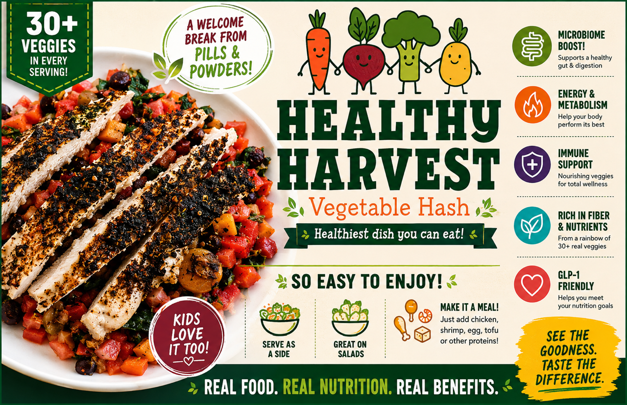 Healthy Harvest Vegetable Hash served as a complete colorful meal with grilled chicken